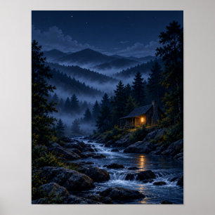 Póster de cabaña bajo el cielo nocturno de la Vía