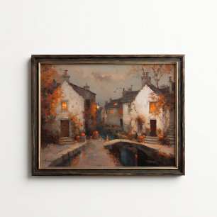 Póster de cabaña de canal de pueblo otoñal vintage