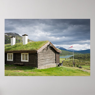 Póster de cabaña de troncos con techo de césped en