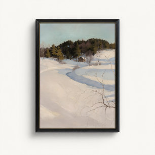 Póster de cabaña nórdica de invierno río