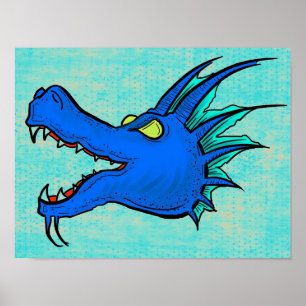 Poster de cabeza de arte del dragón azul neón