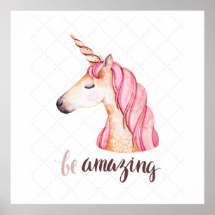 Póster de cabeza de unicornio rosa asombroso