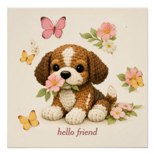 Póster de Cachorro Adorable con Mariposa Floral –