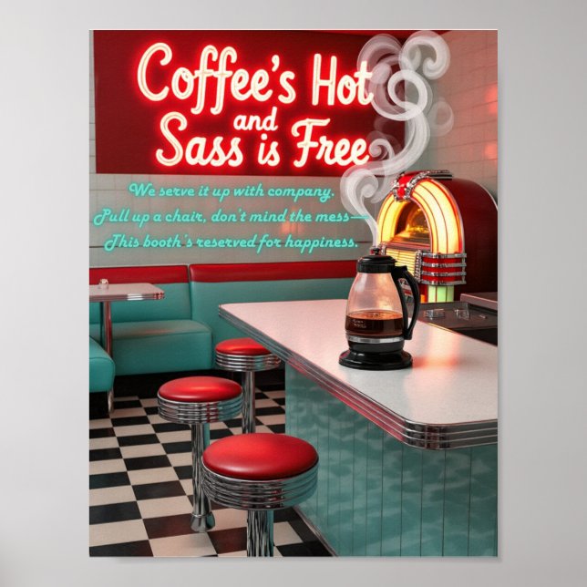 Póster de Café Retro Diner Caliente con Sass Grati (Frente)