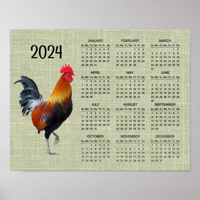 Póster de calendario 2024 del gallo pavoneándose c (Frente)