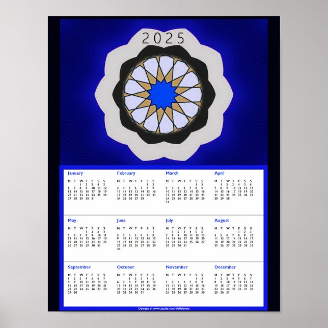 Póster de calendario 2025 de arte geométrico azul (Frente)