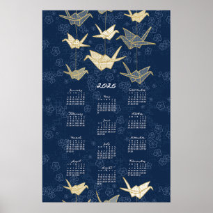 Póster de calendario 2026 Grúas de origami Azul y 