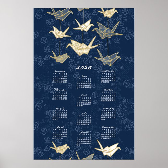 Póster de calendario 2026 Grullas de origami Azul  (Frente)