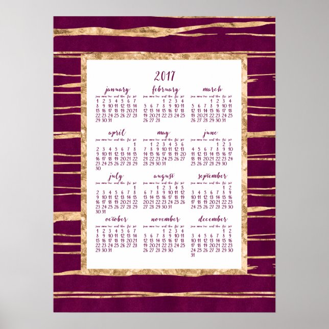 Póster de calendario anual 2017 Magenta y hoja de  (Frente)