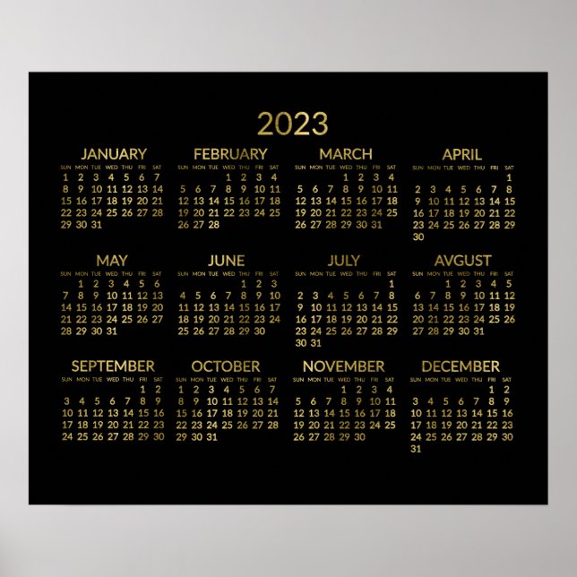 Póster de calendario anual 2023 de oro falso y neg (Frente)