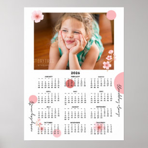 Póster de calendario anual 2026 con flores bonitas