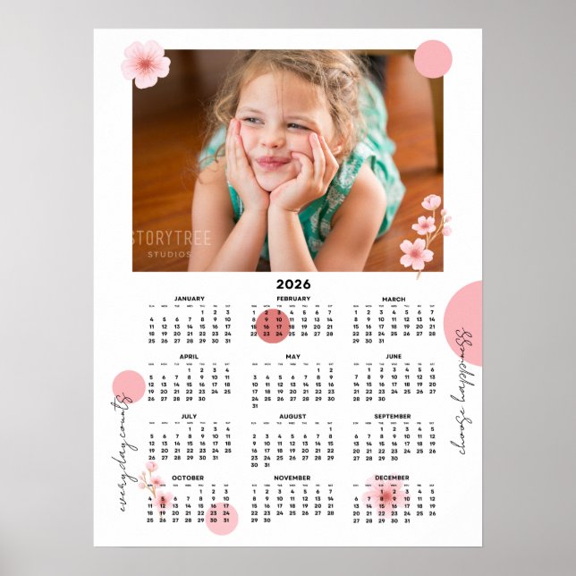 Póster de calendario anual 2026 con flores bonitas (Frente)