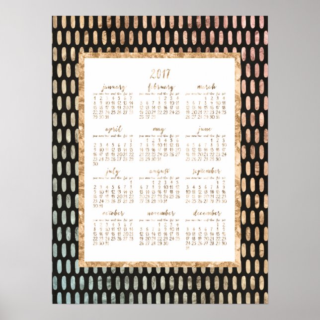 Póster de calendario anual dorado 2017 negro 18x24 (Frente)