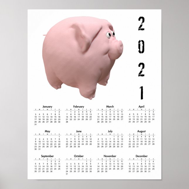 Póster de calendario blanco divertido cerdo 3D 202 (Frente)