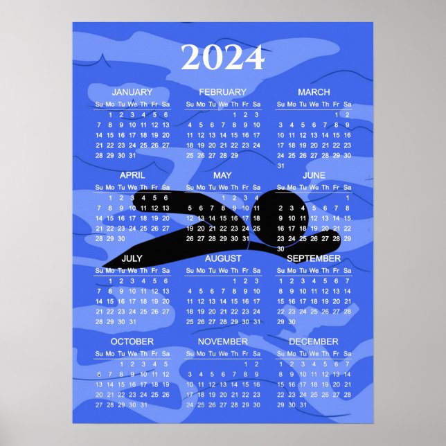 Póster de calendario de diseño de natación 2024 (Frente)