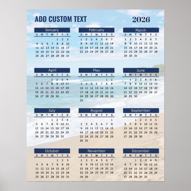 Póster de calendario de playa 2026 con texto perso (Frente)