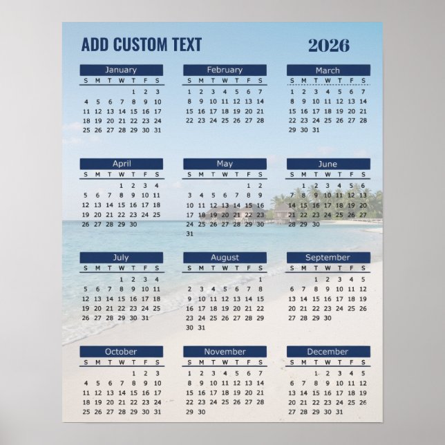 Póster de calendario de playa 2026 con texto perso (Frente)