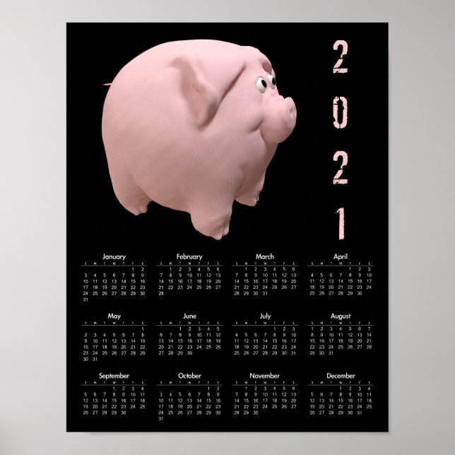 Póster de calendario divertido 3D de cerdo 1 negro (Frente)