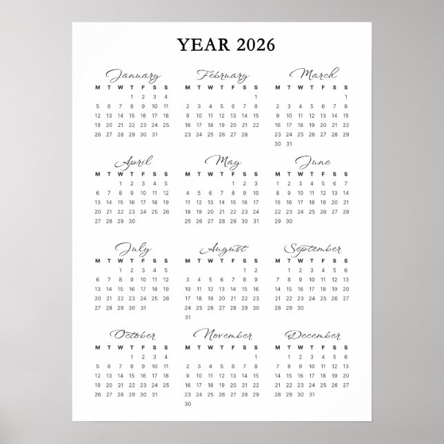 Póster de calendario minimalista 2026 (Frente)