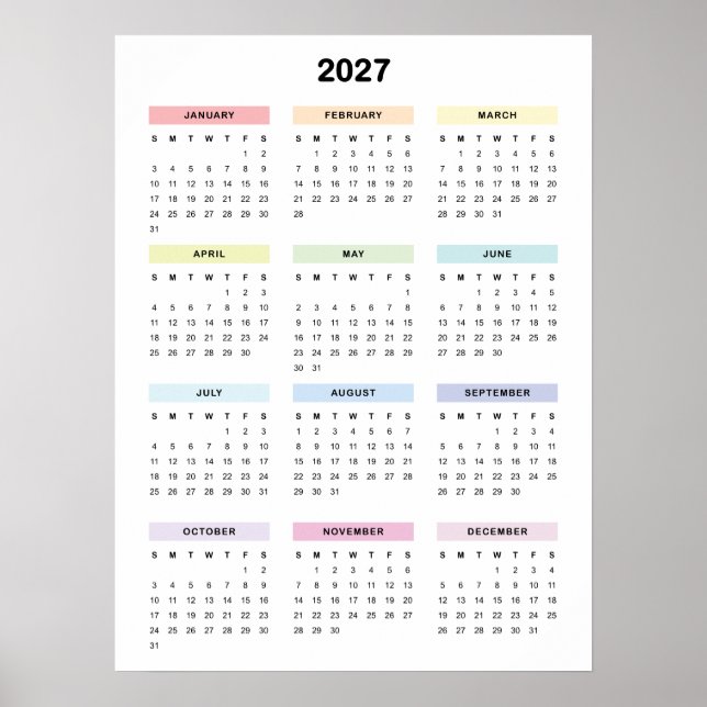 Póster de calendario minimalista arcoíris 2027 (Frente)