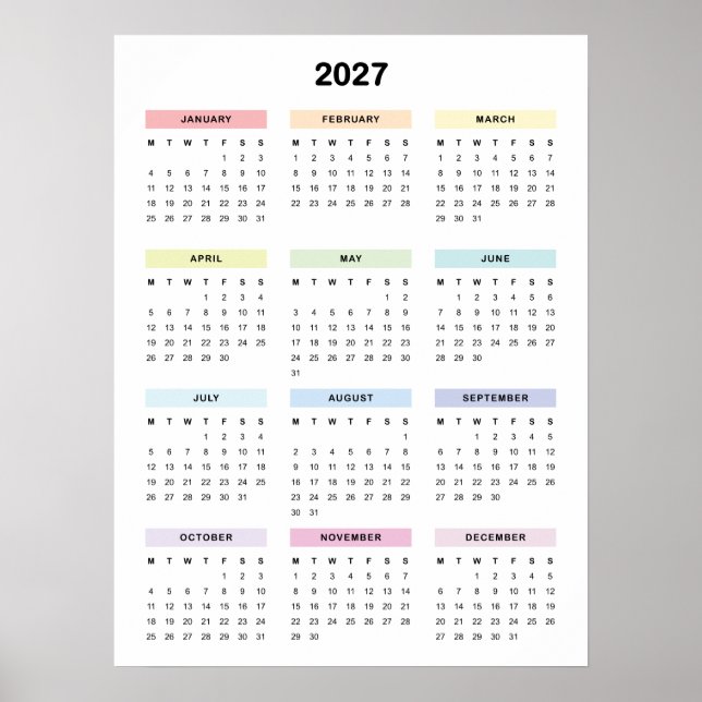 Póster de calendario minimalista arcoíris 2027 (Frente)