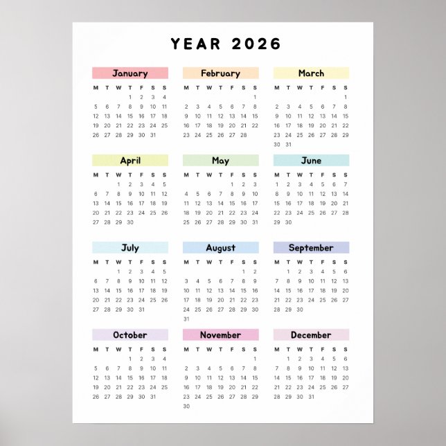 Póster de calendario minimalista de arcoíris 2026 (Frente)