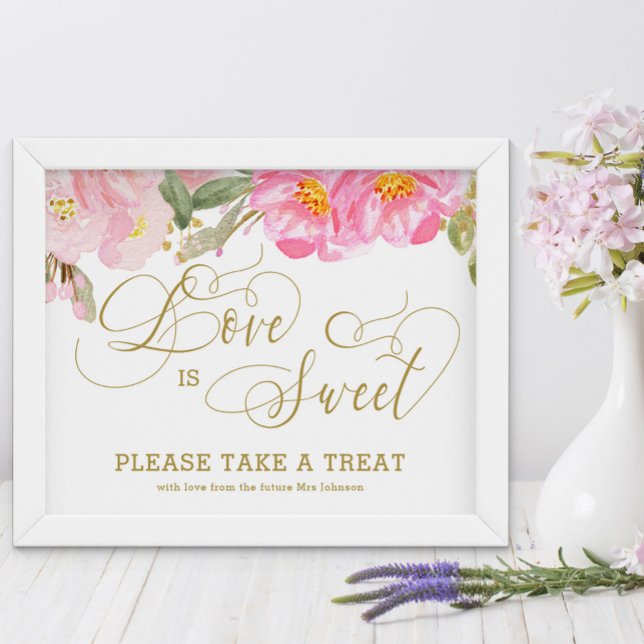 Póster de Caligrafía Dorada Amor Floral Rosa es Du (Love is Sweet treat table sign from my Pink and Gold Watercolor Floral Collection)
