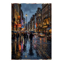 Póster de calle de ciudad lluviosa | Escena noctur