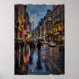 Póster de calle de ciudad lluviosa | Escena noctur