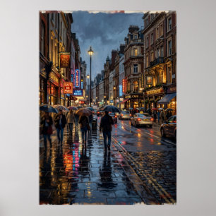 Póster de calle de ciudad lluviosa   Escena noctur