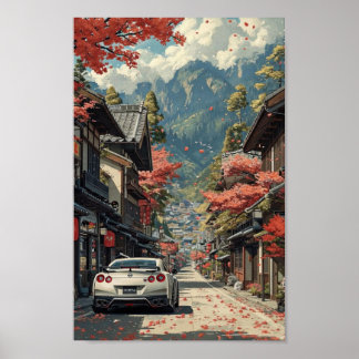 Póster de calle japonesa de otoño con coche deport
