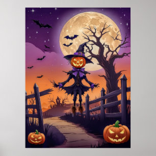 Póster de camino de calabaza embrujada bajo luna b