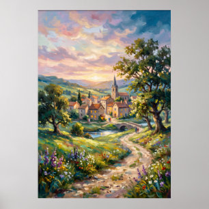 Póster de camino de jardín de cabaña iluminado por