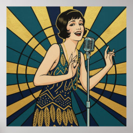 Póster de cantante de jazz retro azul y dorado vin