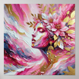 Póster de cara de mujer elegante con hojas rosadas