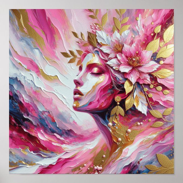 Póster de cara de mujer elegante con hojas rosadas (Frente)