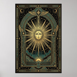 Póster de Cara de Sol Celestial Art Déco   Dorado 