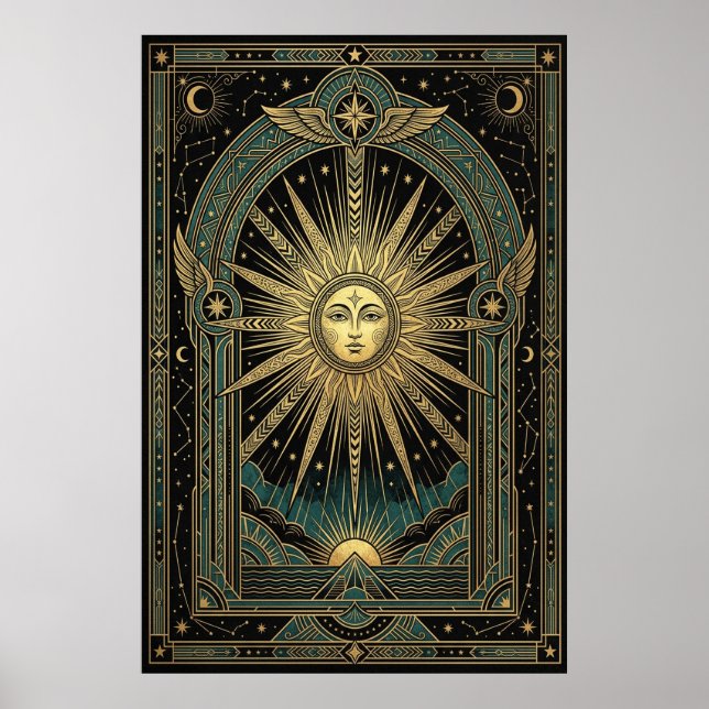 Póster de Cara de Sol Celestial Art Déco | Dorado  (Frente)