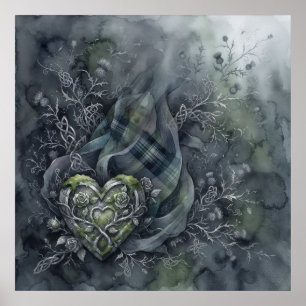 Póster de Cardo Corazón Celta Tartán Verde Oscuro