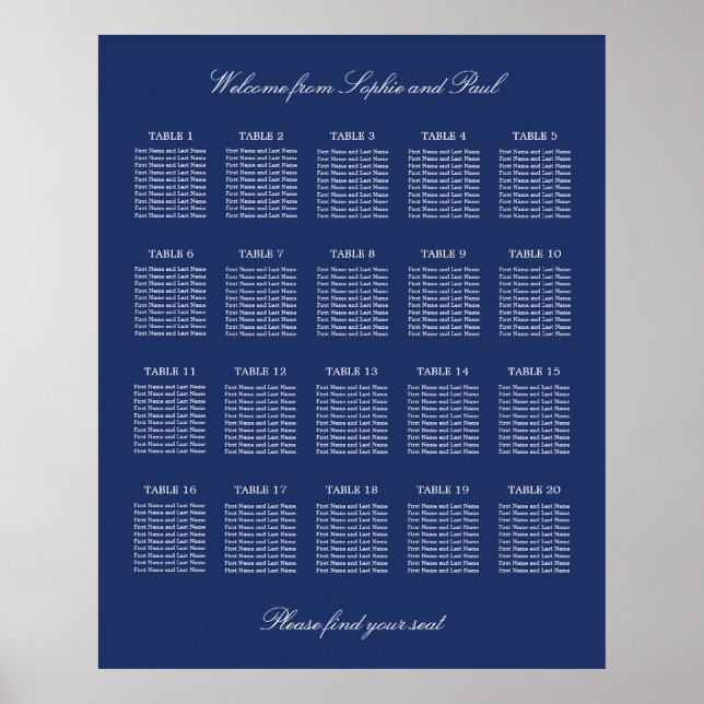 Póster de Cartel de Asientos de Boda de 20 Mesas A (Frente)