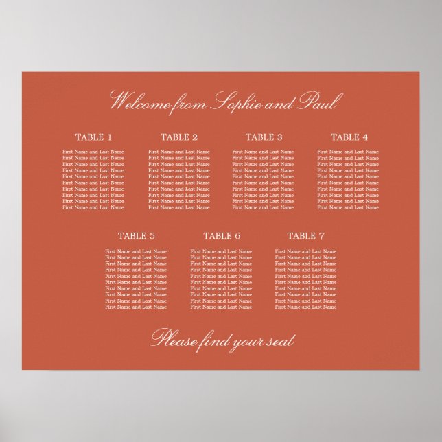 Póster de cartel de asientos de boda de mesa 7 de  (Frente)