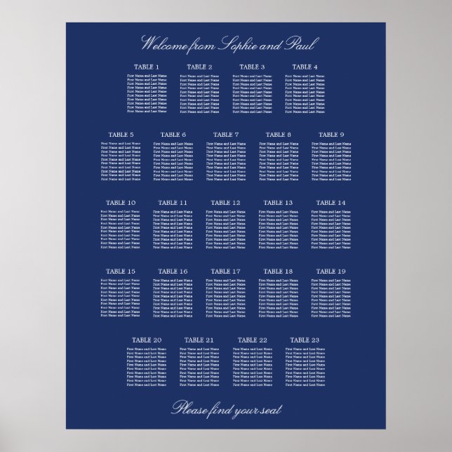 Póster de Cartel de Asientos de Boda de Mesa Azul  (Frente)