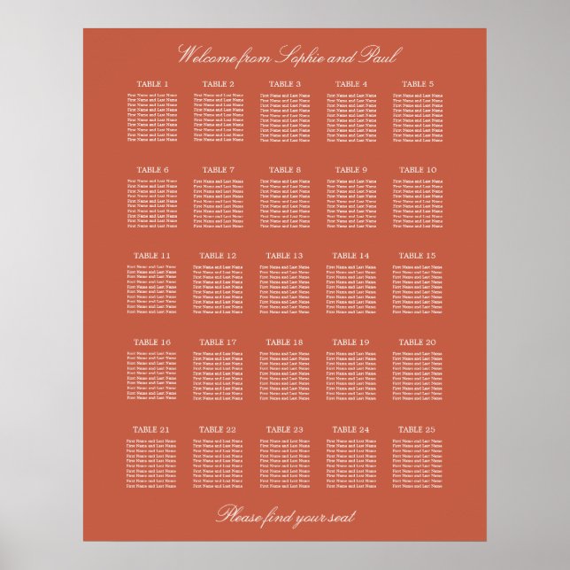 Póster de cartel de asientos de boda de mesa de te (Frente)