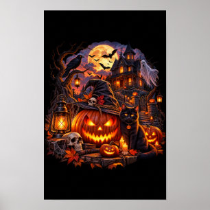 Póster de Casa Embrujada de Halloween Gato Negro