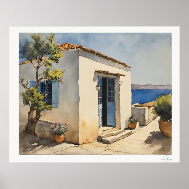Póster de Casa junto al Mar con Puerta Azul (Frente)