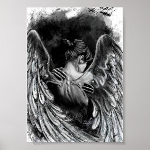 Póster de chica ángel - Pintura en blanco y negro