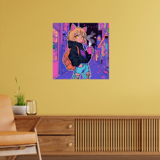 Póster de Chica Gato Cyberpunk – Estética Neon