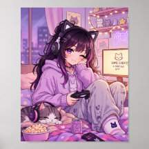 Póster de chica jugadora de anime acogedor