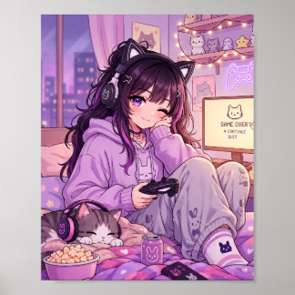 Póster de chica jugadora de anime acogedor