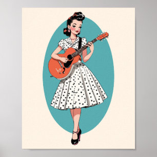 Póster de chica pin-up vintage tocando guitarra ac